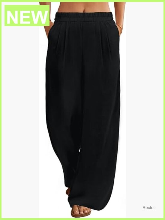 Pants - Linen Palazzo Pants Wide Leg Elastic Waist Flowy Trousers with Pockets for